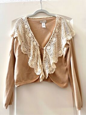 Cream Crochet Collar Tan Cardigan Sweater